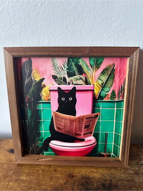 Other - Framed Wooden Cat Bathroom Art Black Cat w/ Pink & Green Vibrant Background NWT